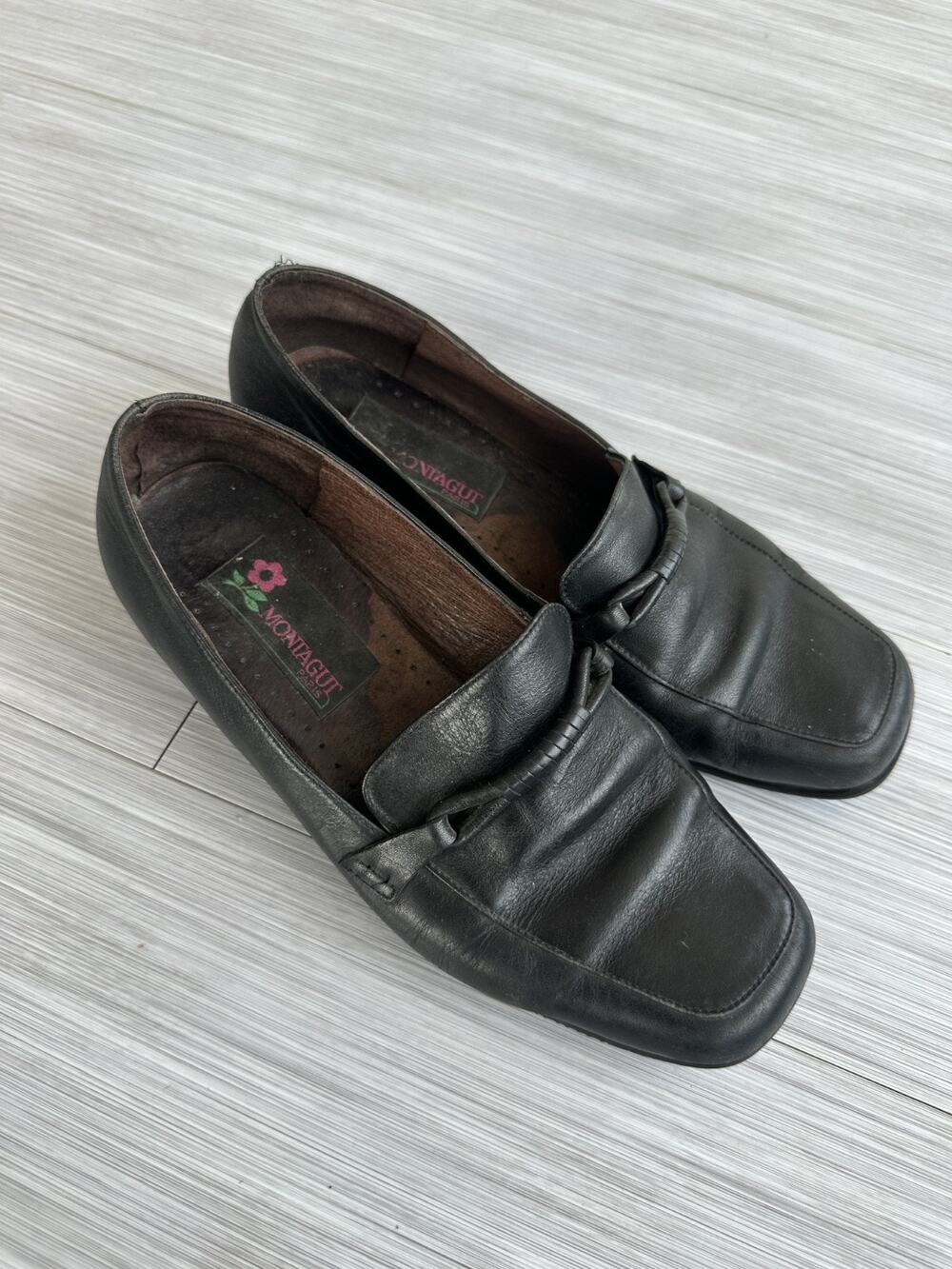 Vintage Montagut Paris Black Leather Slip On Loafers Sz 7 1/2